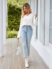 SHEIN Frenchy V領落肩袖套頭毛衣 - 白色 - 查看 4