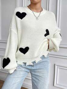 SHEIN Qutie 愛心圖案落肩袖仿舊邊套頭毛衣 - 彩色 - 查看 5