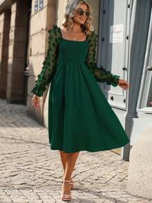 SHEIN LUNE Lưới tương phản Đèn treo tường tay áo lá sen Đầm - Màu xanh lá cây đậm - Xem 7