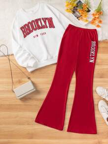 青少年女孩字母圖案落肩袖連帽衫&喇叭褲 - 紅色 - 查看 1
