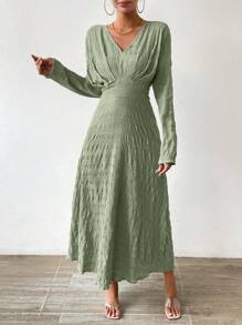 SHEIN Privé Chất rắn Cổ v Váy chữ A - màu xanh lá - Xem 6