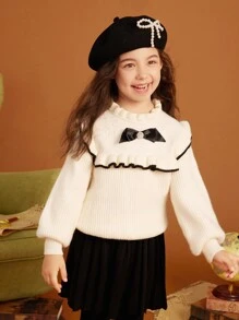 Tween Girl Bow Front Lantern Sleeve Frill Trim Sweater - Beige - View 4