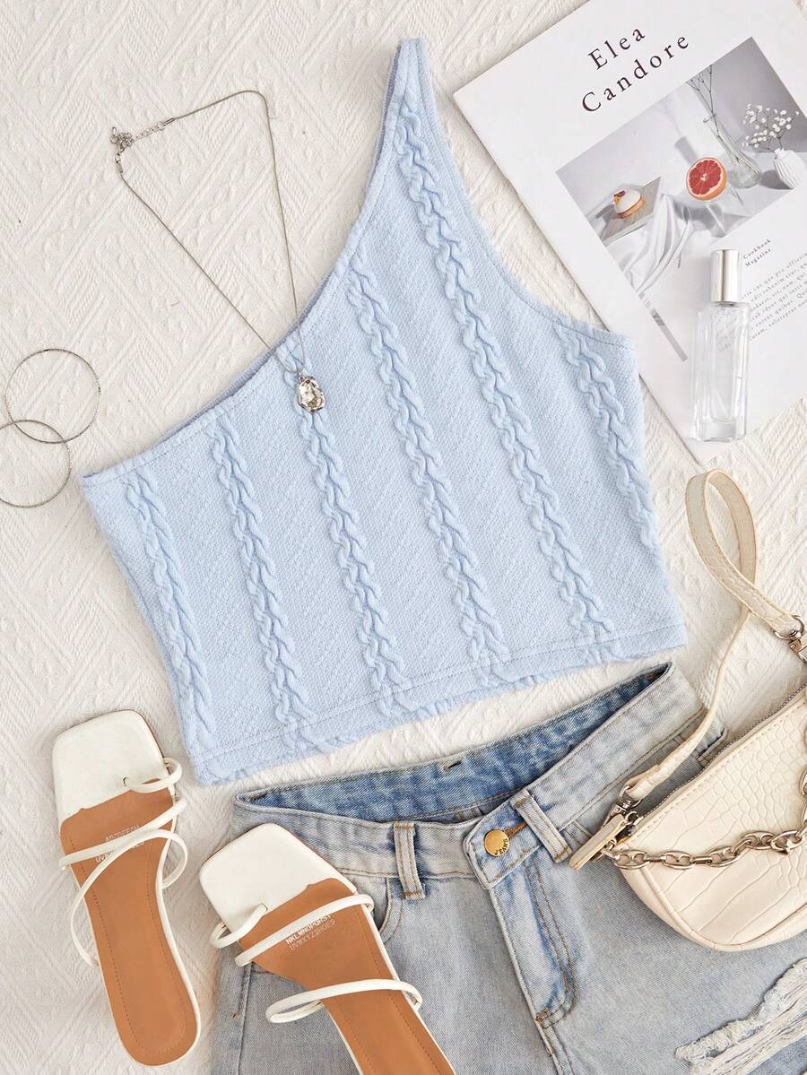 SHEIN EZwear Camiseta crop de cuello asimétrico - Celeste - Ver 1