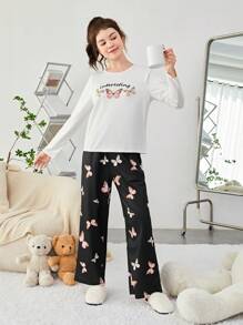 SHEIN Camiseta Con Estampado De Letras Y Mariposas Para Chicas Adolescentes Y Pantalones Largos Ropa Para El Hogar
