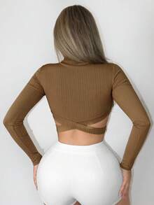 SHEIN SXY Viền chéo Cổ giả Áo phông Crop - Cà phê nâu - Xem 2