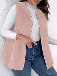 SHEIN LUNE Plus Zip Up Hooded Teddy Vest Coat - Pink - View 3