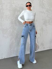 EURMUSE Women's Flap Pocket Washed Denim Jeans - Blue - View 7