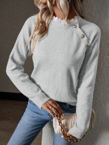 Chiquease Contrast Lace Trim Button Detail Raglan Sleeve Sweater Knit Pullover Fall Winter Outfit - Light Grey - View 1