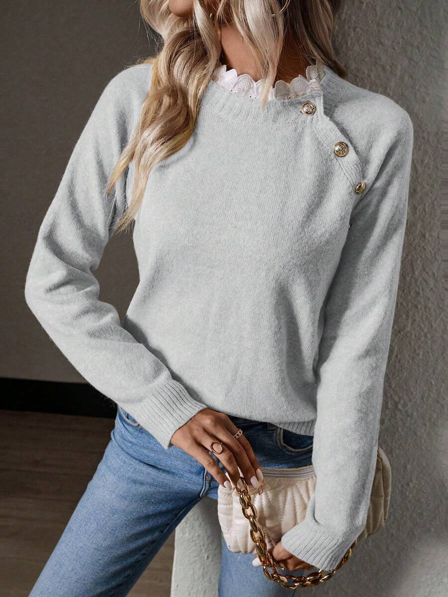 Chiquease Contrast Lace Trim Button Detail Raglan Sleeve Sweater Knit Pullover Fall Winter Outfit - Light Grey - View 1