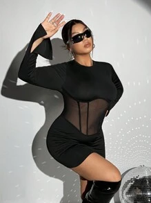 SHEIN ICON Plus Contrast Mesh Keyhole Back Bodycon Dress - Black - View 1