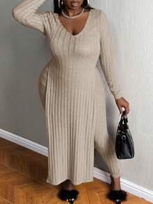 Slaydiva Plus Split Hem Longline Tee & Leggings - Apricot - View 3