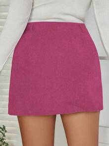 Flirla 大碼拉鏈開襟翻蓋口袋燈芯絨半身裙 - 中紫紅色 - 查看 2