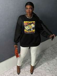 Slaydiva Plus Lock & Letter Graphic Drop Shoulder Sweatshirt - Black - View 6
