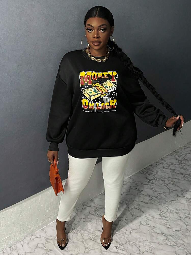 Plus Lock & Letter Graphic Drop Shoulder Sweatshirt