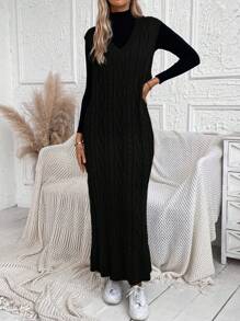 SHEIN LUNE 1入組麻花編織毛衣洋裝不附腰帶 - 黑色 - 查看 5