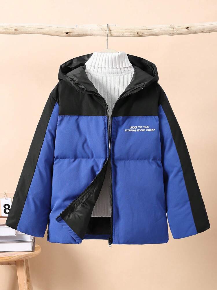 Tween Boy 1pc Slogan Graphic Colorblock Hooded Padded Coat