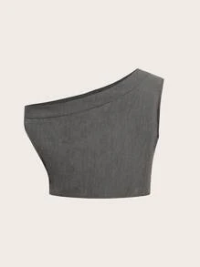 GENKIRA Top crop unicolor de un hombro - Gris - Ver 2