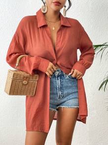 SHEIN Swim Summer Beach Solid Button Front Drop Shoulder Kimono - Rust Brown - View 5
