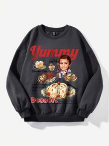 SHEIN Qutie Plus Letter & Figure Graphic Drop Shoulder Thermal Sweatshirt - Dark Grey - View 1