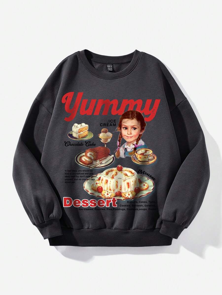 SHEIN Qutie Plus Letter & Figure Graphic Drop Shoulder Thermal Sweatshirt - Dark Grey - View 1