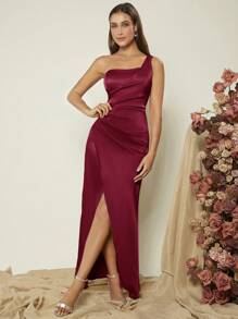 SHEIN Belle Váy phù dâu bằng vải satin viền một bên vai màu đỏ tía - Màu Đỏ Sâu - Xem 3