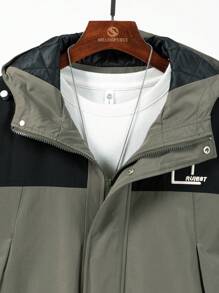 Manfinity Hypemode 男式宽松户外风衣连帽棉服外套，字母印花和拼色设计 - 軍綠色 - 查看 3