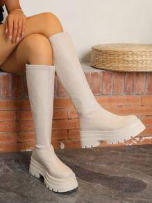 秋冬時尚過膝高筒靴，具有厚實保暖襯裡和厚底，黑色，圓頭，柔軟舒適皮革，女性款式 - 米色 - 查看 1