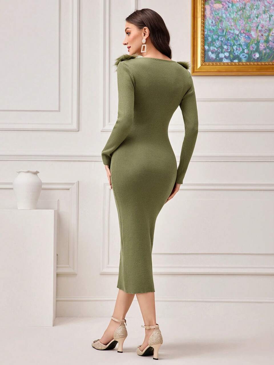 Fuzzy Trim Bodycon Sweater Dress Fall Cloth For Women