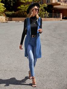 SHEIN Frenchy 大翻領開門襟腰帶外套馬甲 - 霧霾藍 - 查看 3