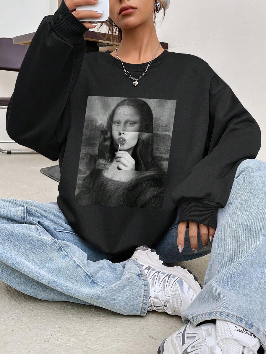 Muchica Casual European And American Classic Portrait Print Pattern Crew Neck Long Sleeve Oversized Women Hoodie Sweatshirt, Suitable For Autumn/Winter - Black - View 1