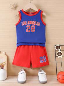 SHEIN Baby Boy Letter Graphic Contrast Binding Tank Top & Shorts - Multicolor - View 1