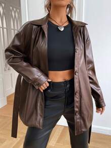 SHEIN EZwear 落肩袖腰帶PU皮革外套 - 棕色 - 查看 3