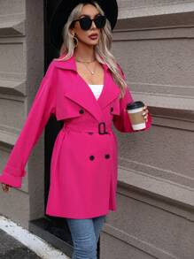 SHEIN Frenchy Double Breasted Belted Trench Coat - Hot Pink - View 5