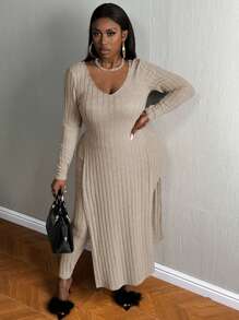 Slaydiva Plus Split Hem Longline Tee & Leggings - Apricot - View 4