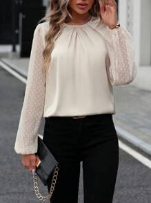 SHEIN Frenchy Swiss Dot Lantern Sleeve Plicated Detail Keyhole Back Blouse - Apricot - View 1