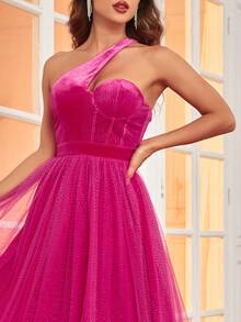 Double Crazy One Shoulder Mesh Overlay Cocktail Dress - Hot Pink - View 7
