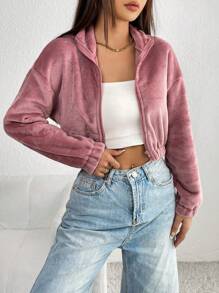 SHEIN PETITE Dây kéo Thả vai Áo Jacket Crop - Bụi hồng - Xem 5