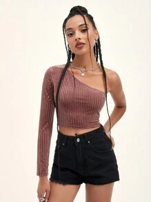 Muchica One Shoulder Ribbed Velvet Top