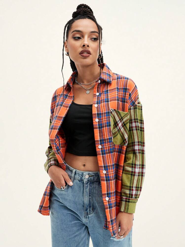 Tartan Pocket Detail Button Up Blouse