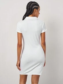 SHEIN EZwear Collared Buttoned Front Rib-Knit Dress - White - View 2