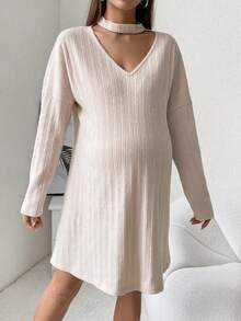 SHEIN Maternidad Vestido de cuello con abertura de ojo de hombros caídos - Albaricoque - Ver 5