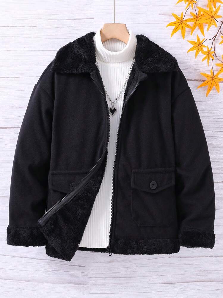 Tween Girl 1pc Borg Collar Flap Pocket Drop Shoulder Zipper Overcoat