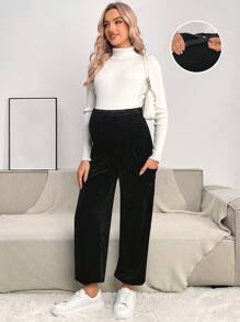 SHEIN 孕婦可調節腰帶腰側口袋長褲 - 黑色 - 查看 4