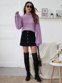 SHEIN Essnce Camiseta de cuello alto de hombros caídos de manga farol tejido de canalé - Púrpura malva - Ver 4