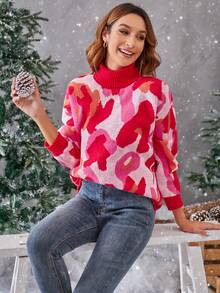 SHEIN LUNE 滿版圖案高領落肩袖套頭毛衣 - 彩色 - 查看 6