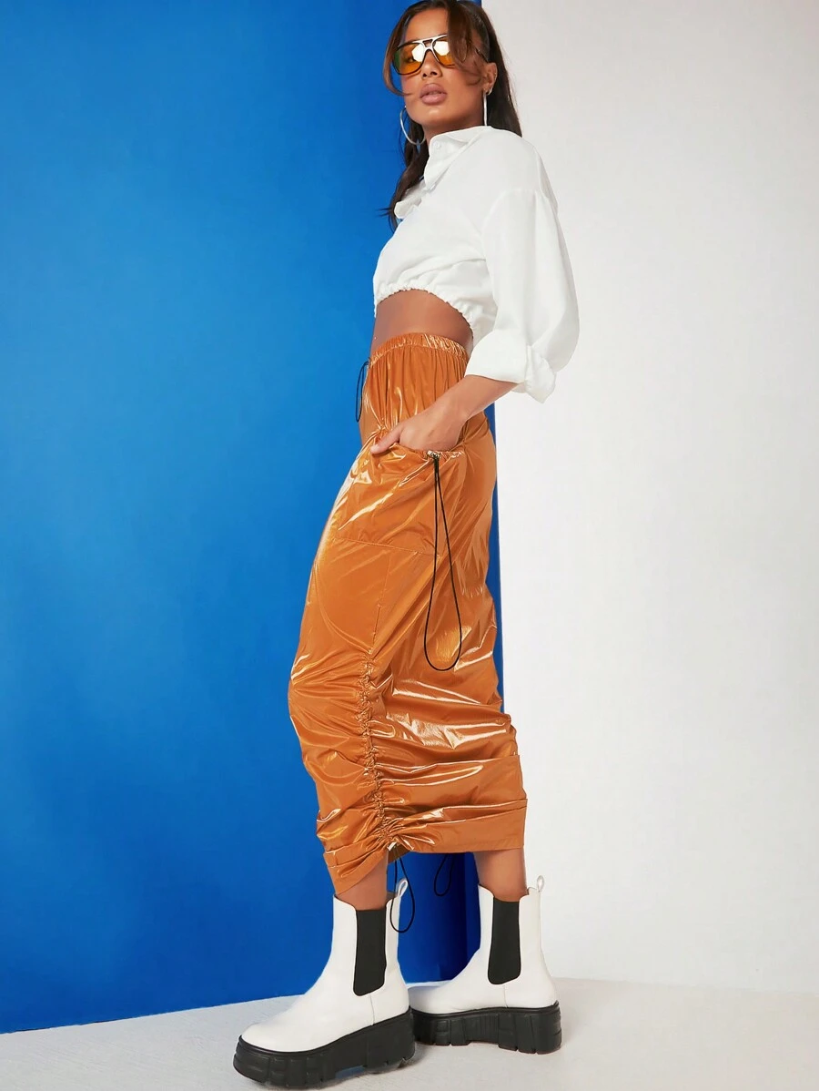 Hauture Drawstring Side Ruched Skirt - Rust Brown - View 1