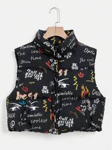 SHEIN EZwear 字母图案拉链背心夹棉外套 - 黑與白 - 查看 1