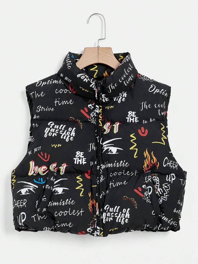 Letter Graphic Zip Up Vest Padded Coat