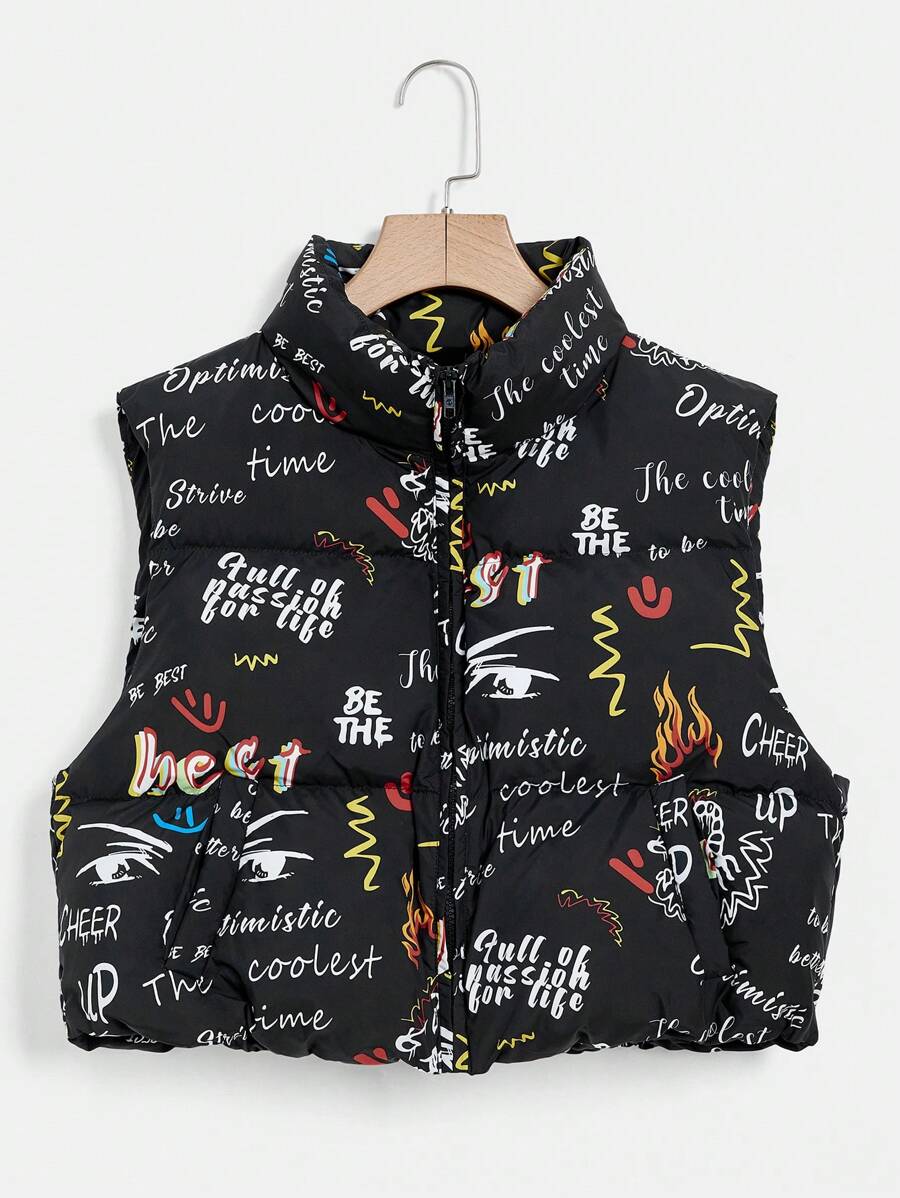 SHEIN EZwear 字母图案拉链背心夹棉外套 - 黑與白 - 查看 1