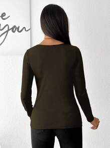 EURMUSE Chất rắn cổ áo xếp nếp Áo thun - xanh quân đội - Xem 2